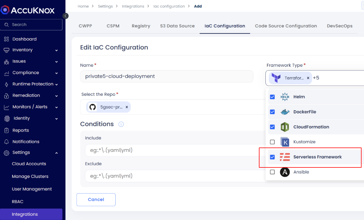 Serverless IaC configuration setting in AccuKnox dashboard