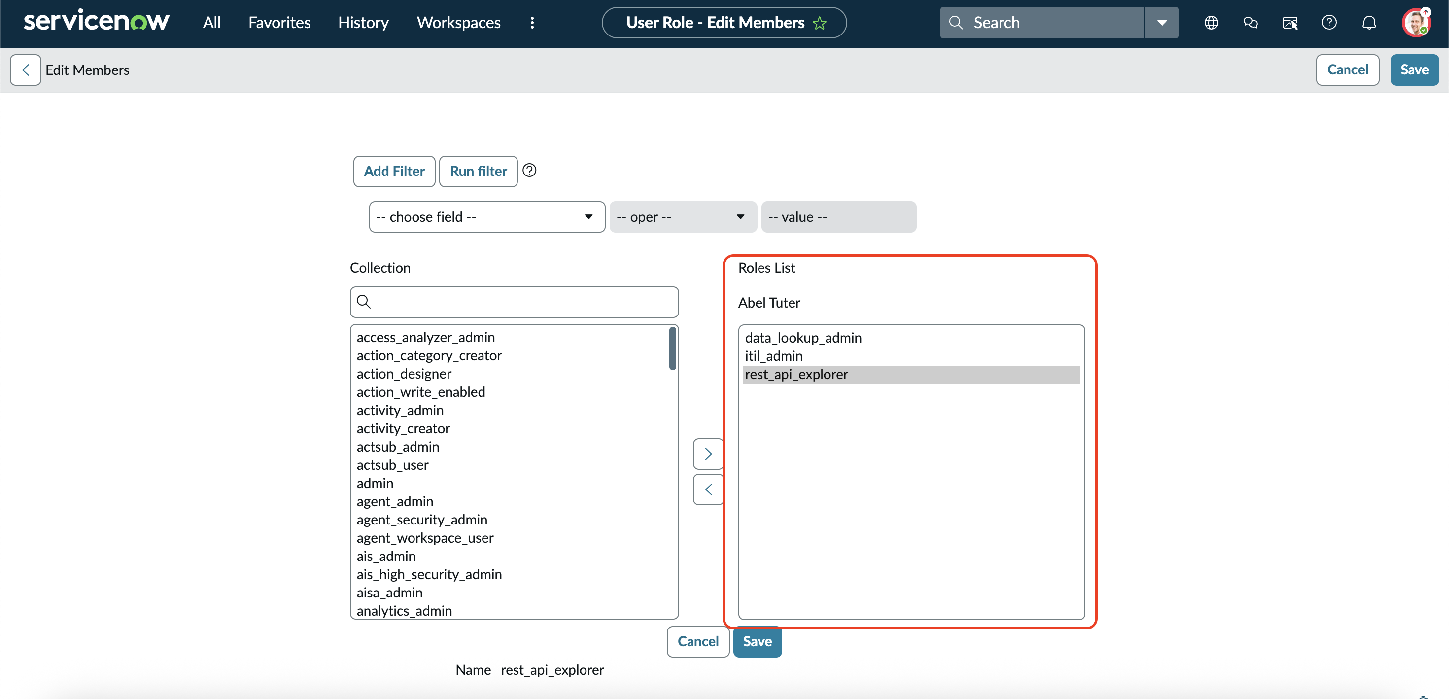 ServiceNow roles screenshot