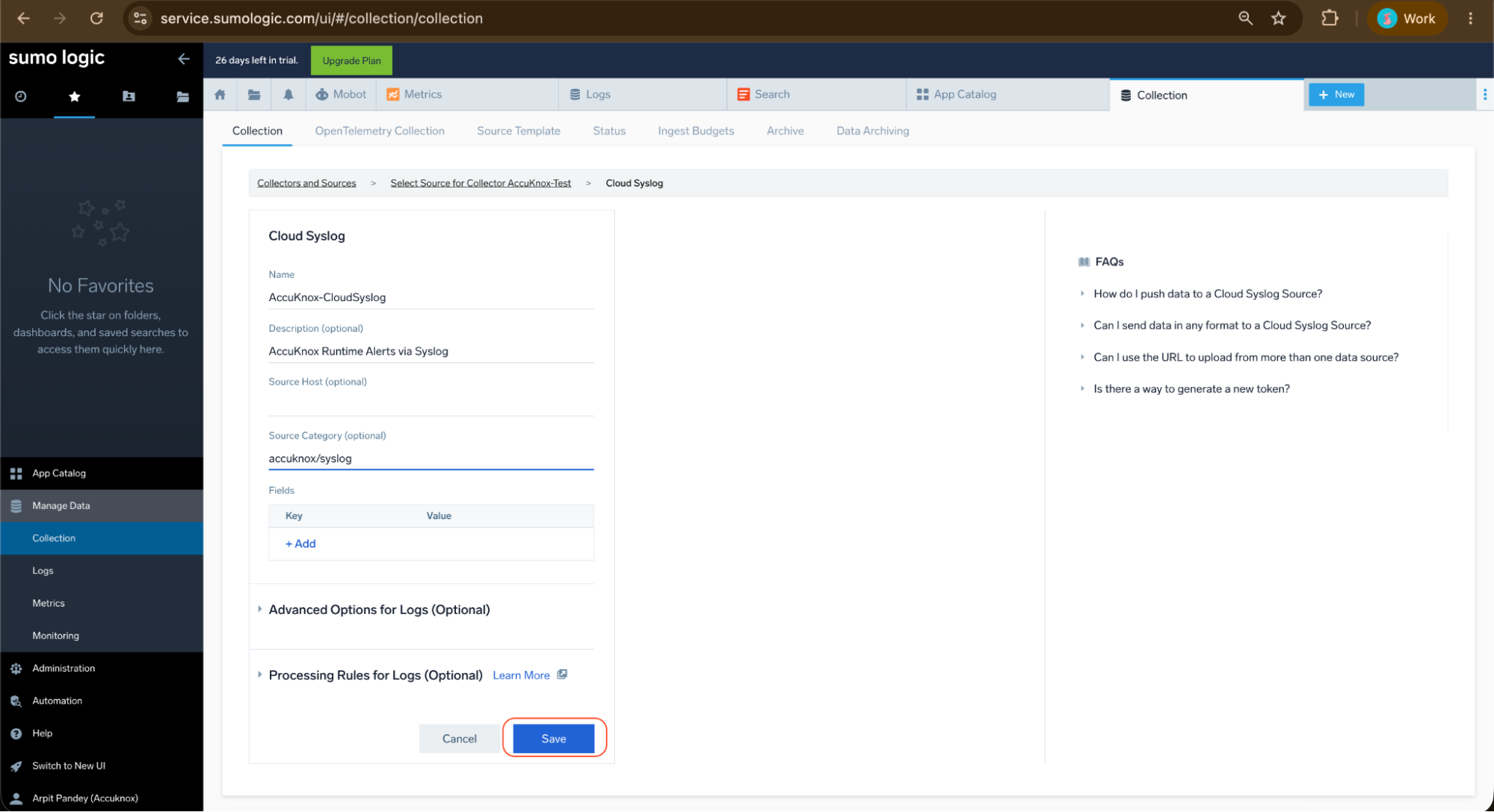 Cloud Syslog source created