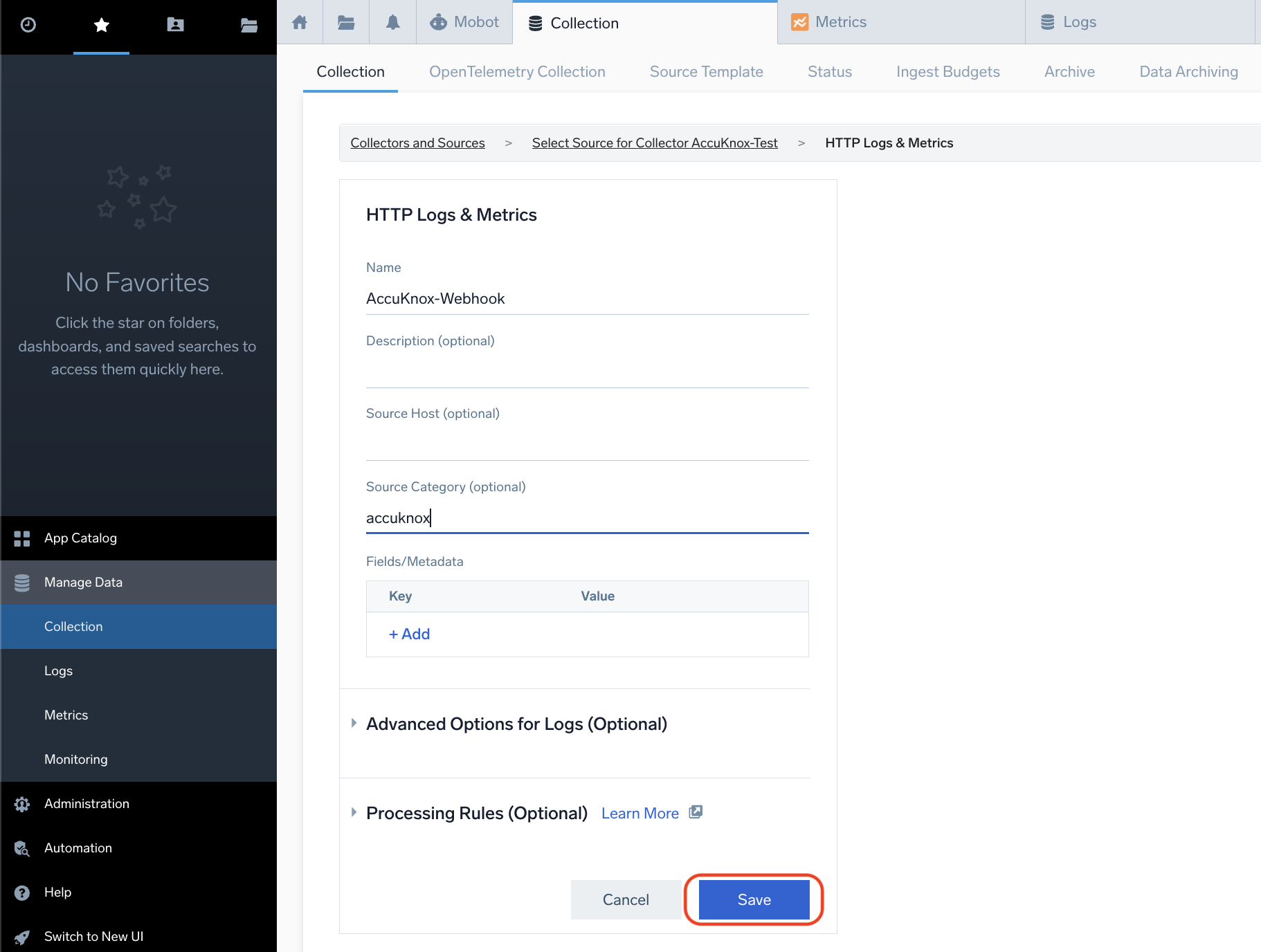 HTTP Source Address screen
