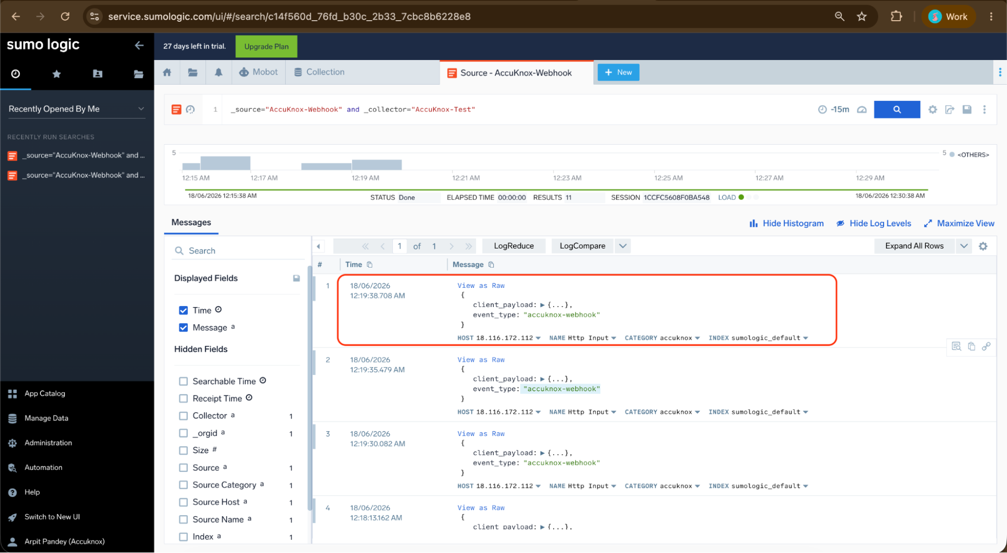 Webhook events in Log Search