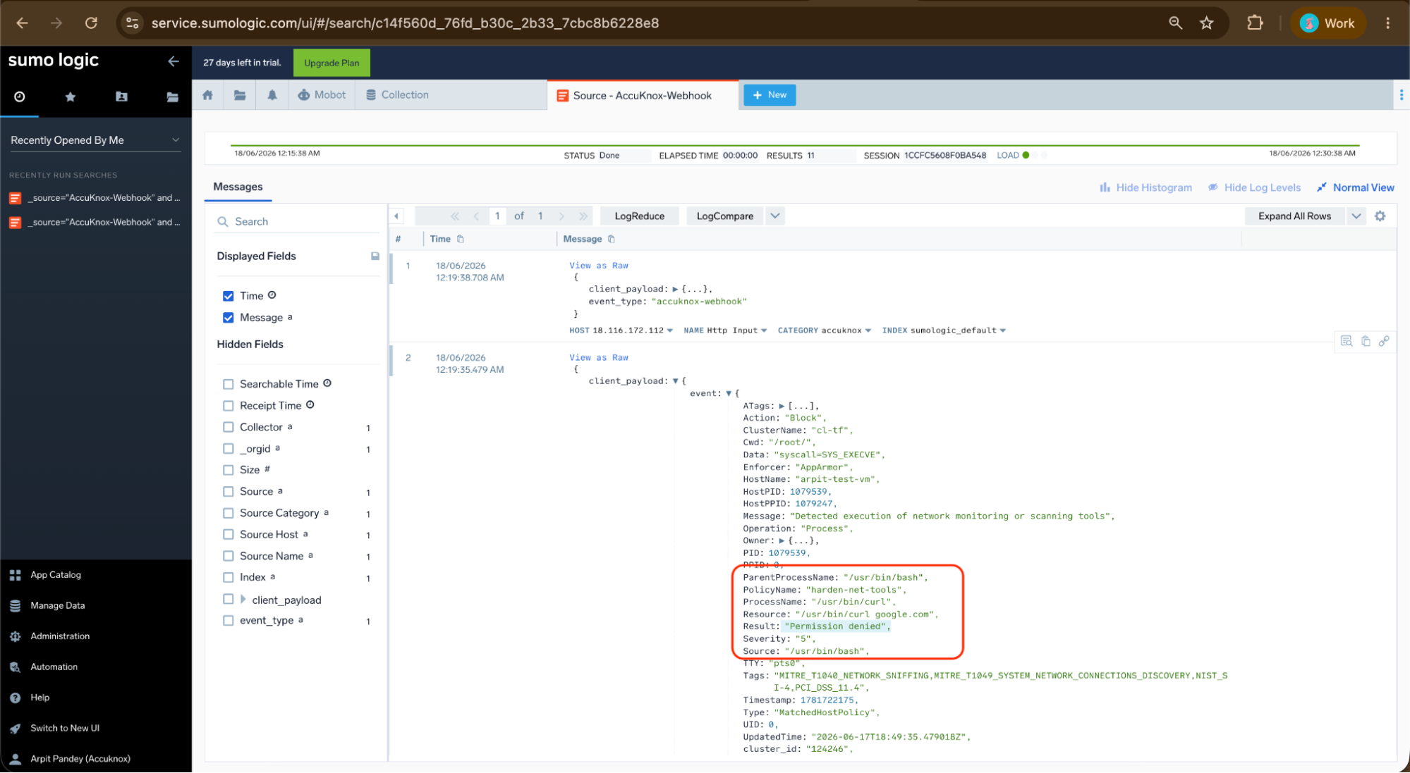 Verify enforcement event payload