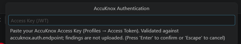 AccuKnox Authentication prompt inside VS Code waiting for an Access Key