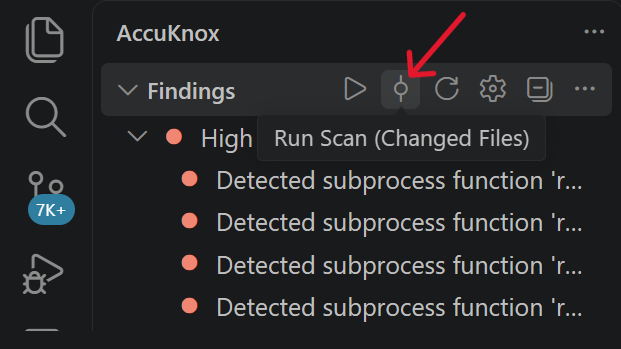 AccuKnox Findings sidebar showing High severity results, with the Run Scan (Changed Files) button highlighted