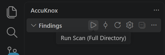 AccuKnox Findings view in the VS Code sidebar with the Run Scan (Full Directory) play button highlighted