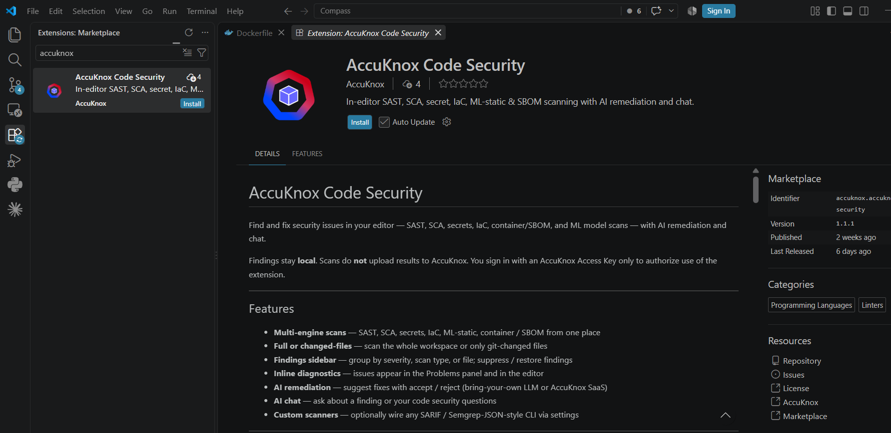 AccuKnox Code Security listed in the VS Code Extensions Marketplace