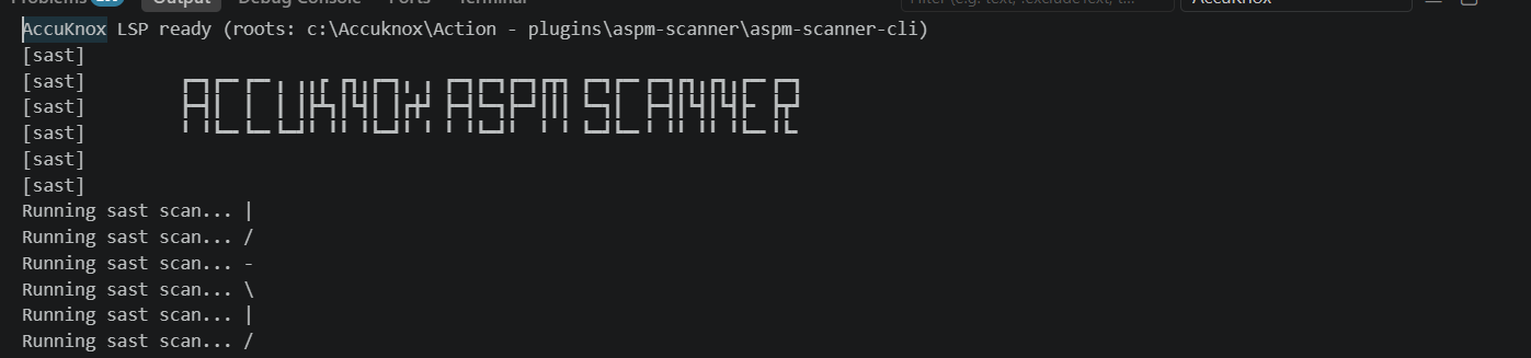 AccuKnox Output panel showing the ASPM scanner banner and a running SAST scan