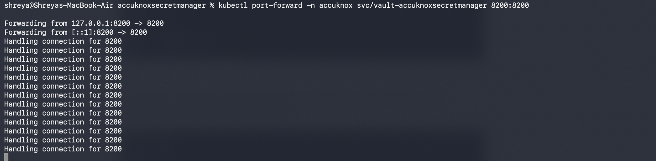 kubectl port-forward handling connections on port 8200