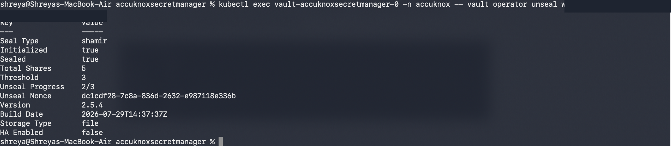 Second unseal step, progress 2 of 3