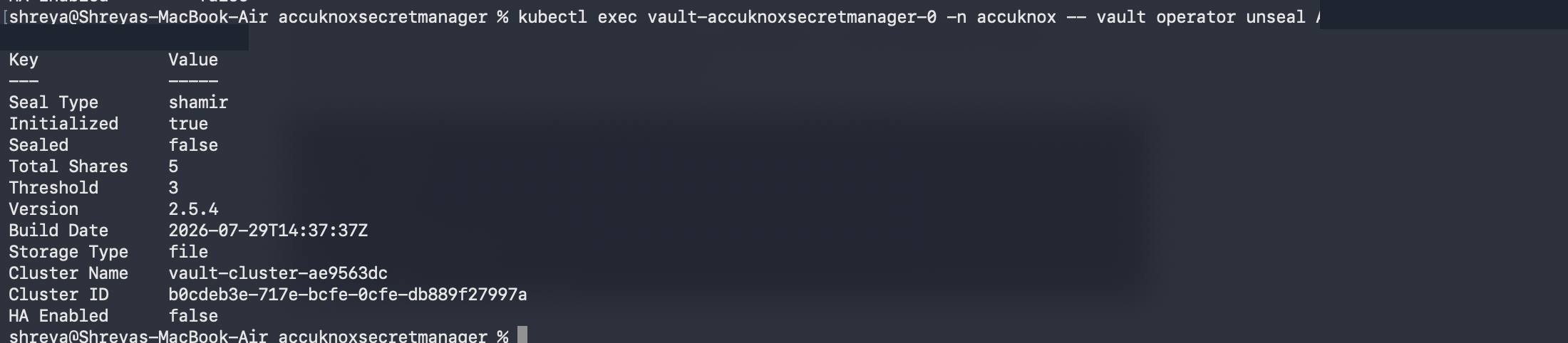 Third unseal step, the server reports Sealed false