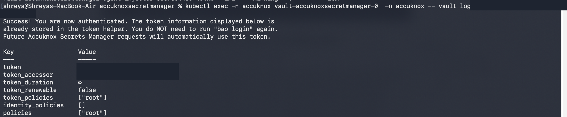 Successful login with the root token