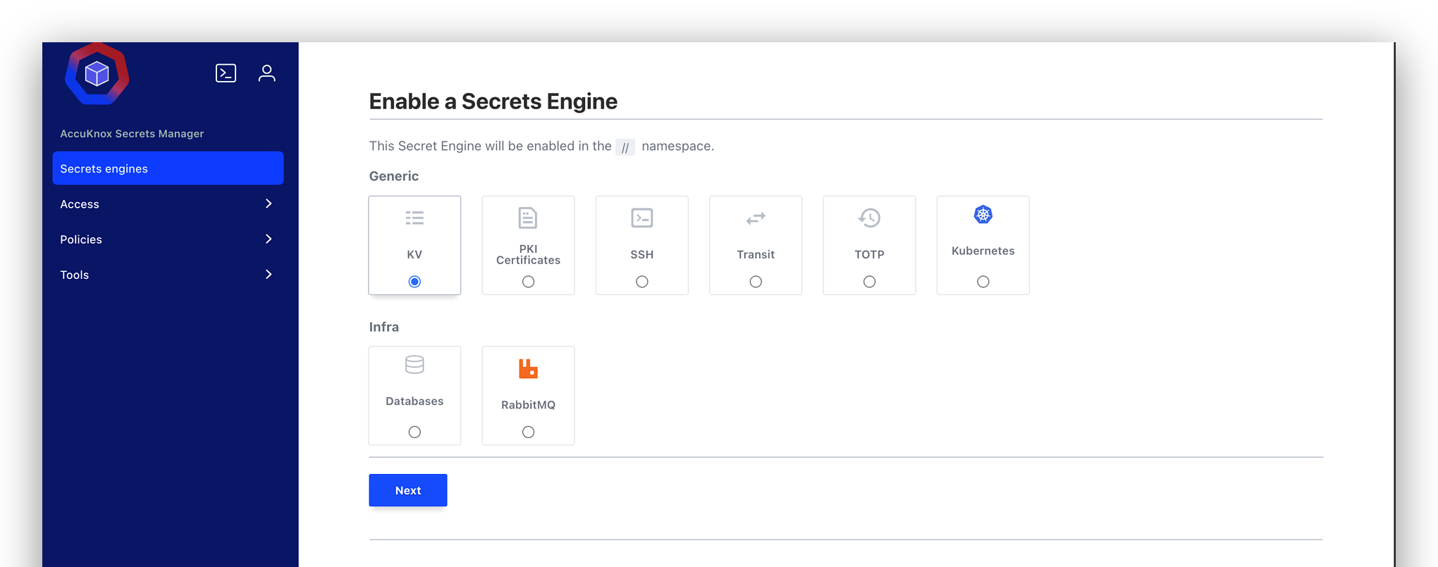 The Enable a Secrets Engine screen, listing the KV, PKI, SSH, Transit, TOTP, Kubernetes, Databases, and RabbitMQ engines