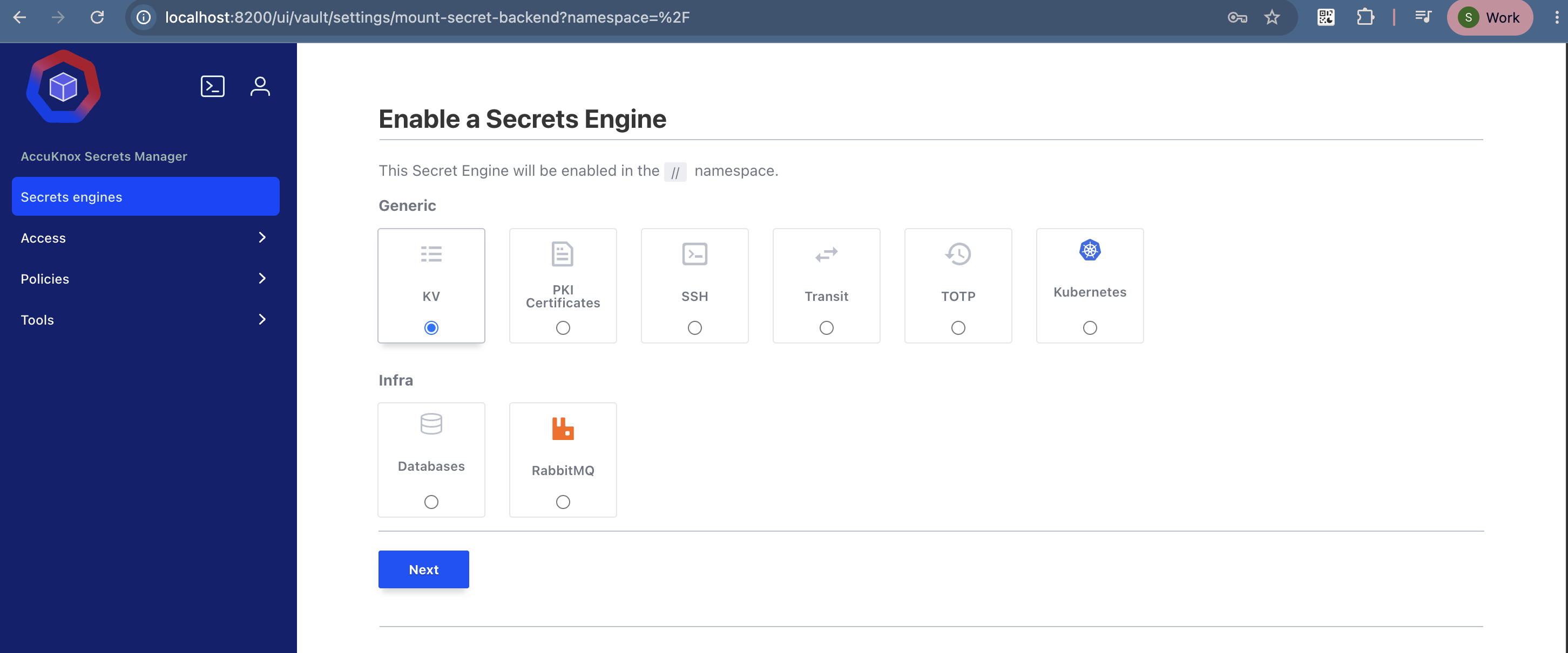 The Enable a Secrets Engine picker, with TOTP in the Generic group