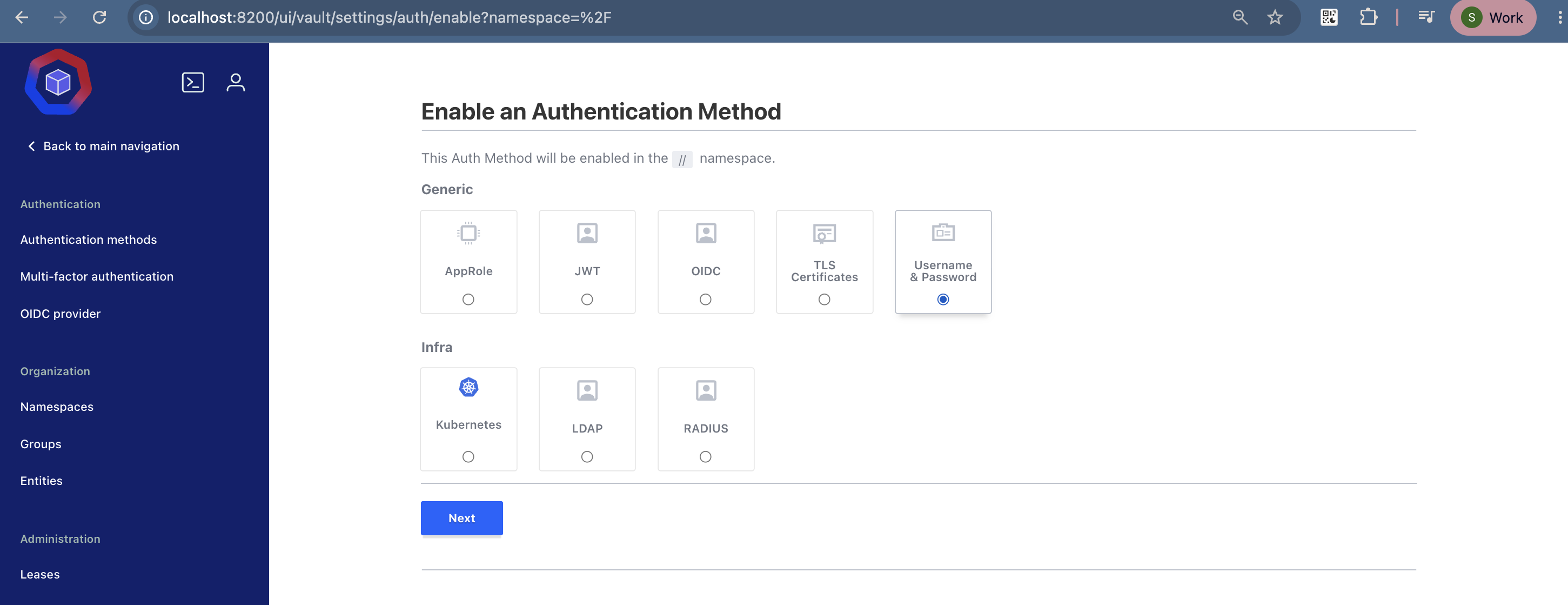 Choosing the Username & Password authentication method