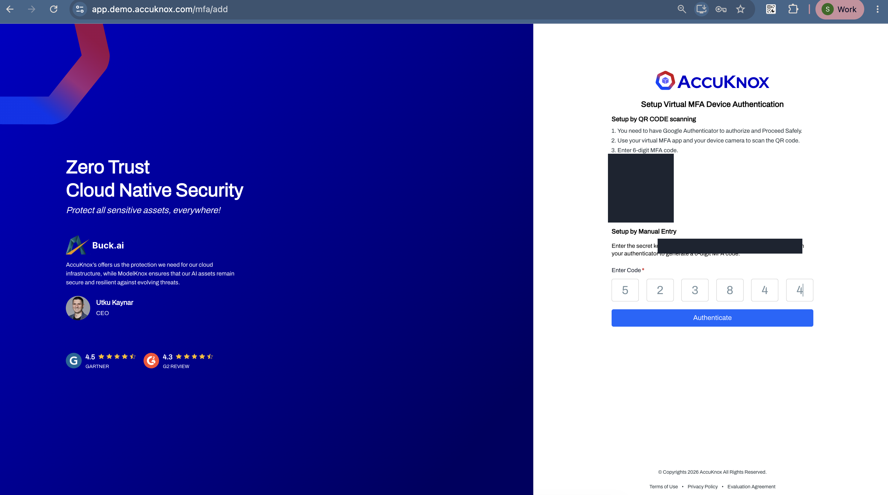 Entering the generated code in the portal