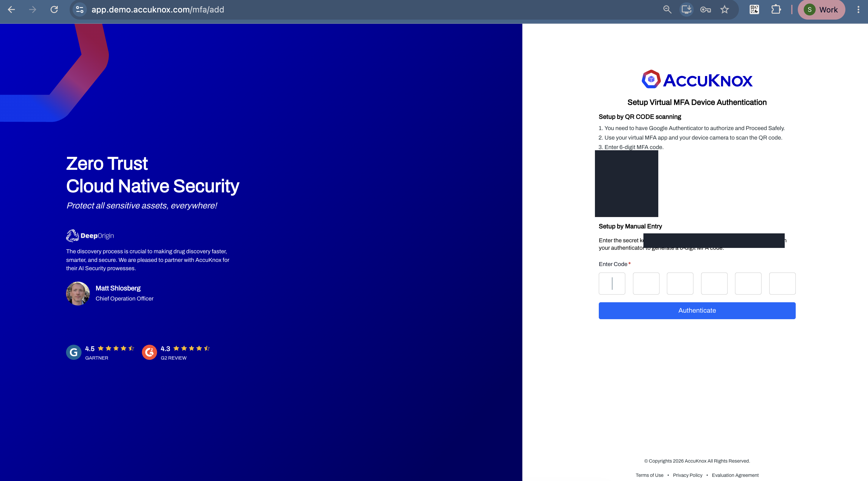 The Setup Virtual MFA Device screen with the secret key redacted