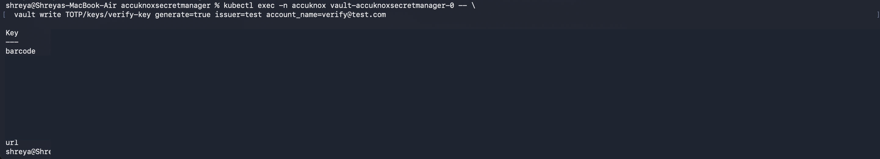 Creating a key with generate=true, key material redacted