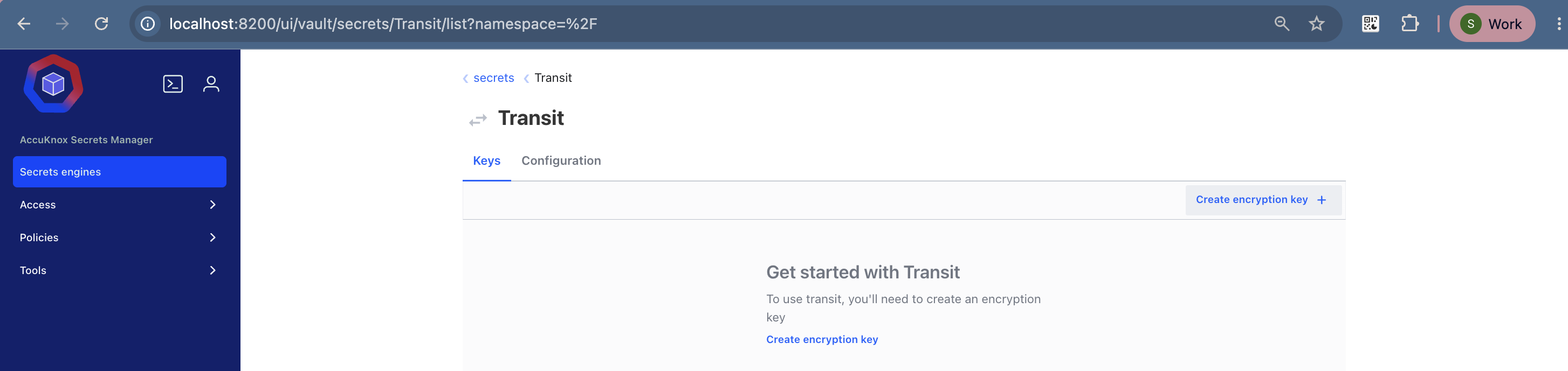 The empty Transit engine with the Create encryption key button