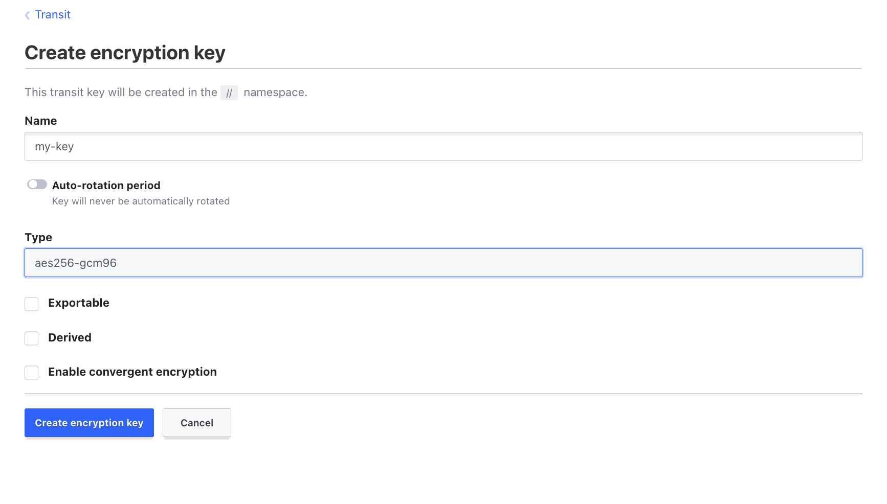 The encryption key creation form