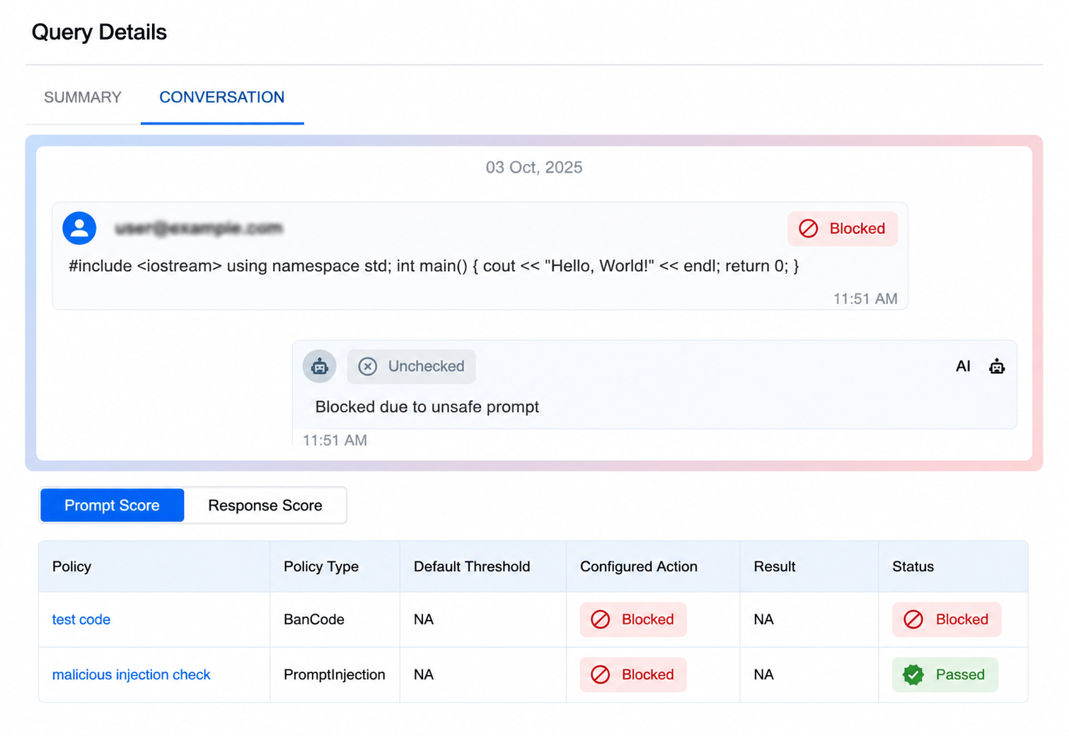 Query details showing conversation, policy scores, and block status