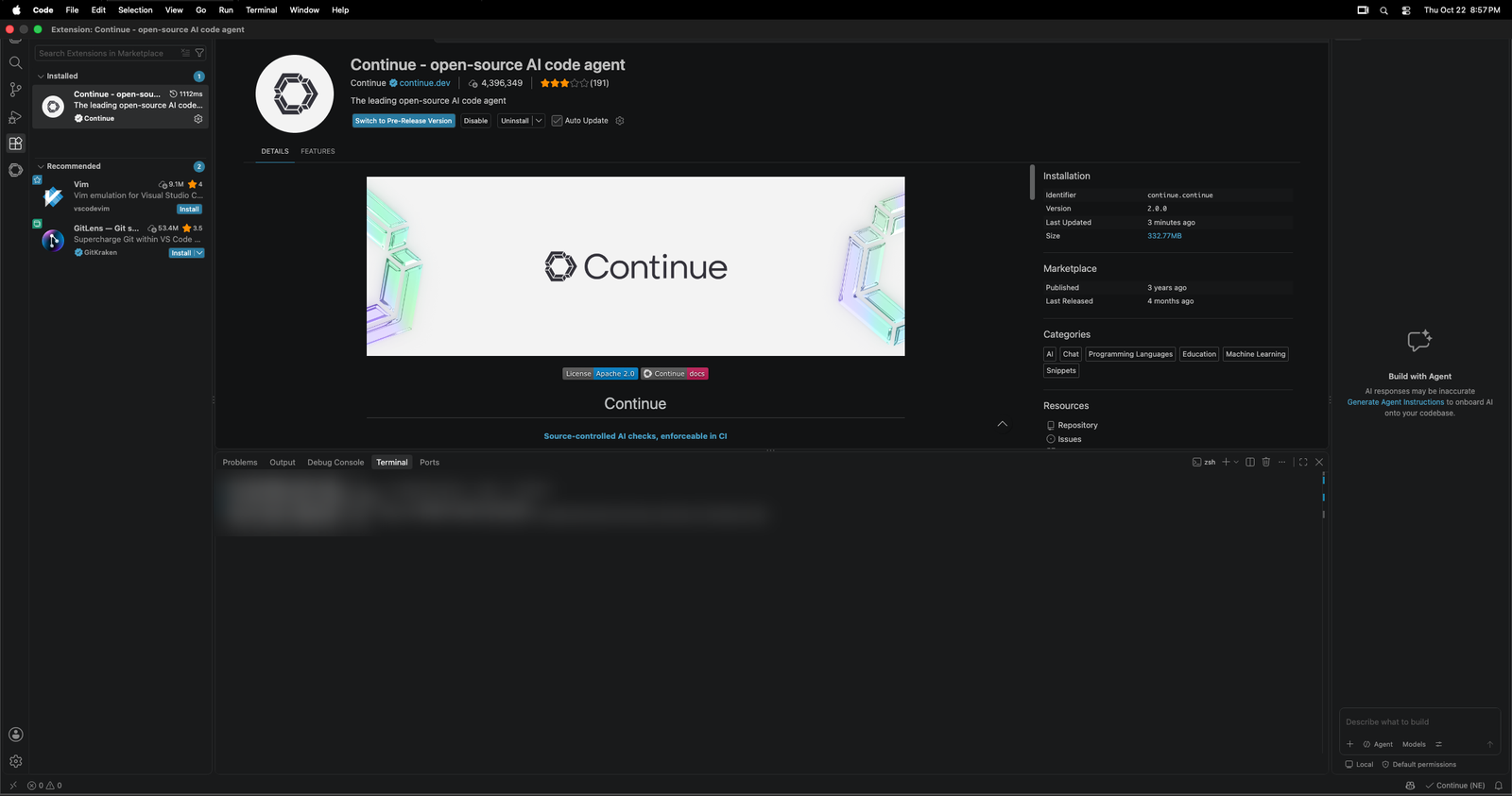 Visual Studio Code on macOS showing the Continue extension installed, with identifier continue.continue and version 2.0.0