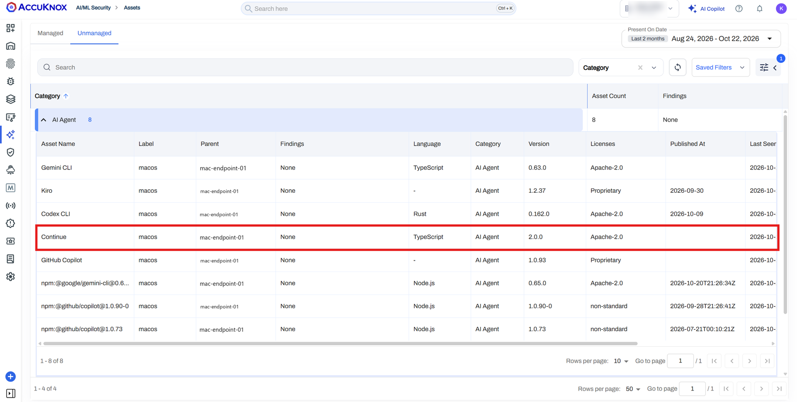 Unmanaged tab with the Continue row highlighted, listed as a TypeScript AI Agent at version 2.0.0 with license Apache-2.0 on the Mac