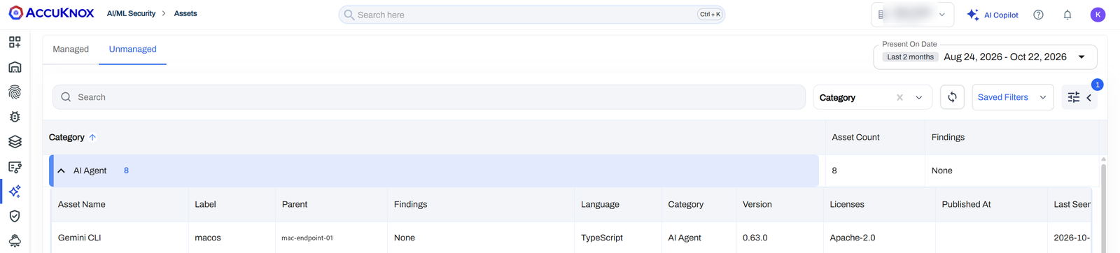 Unmanaged tab, AI Agent category, listing Gemini CLI on the Mac with the macos label, language TypeScript, version 0.63.0 and license Apache-2.0