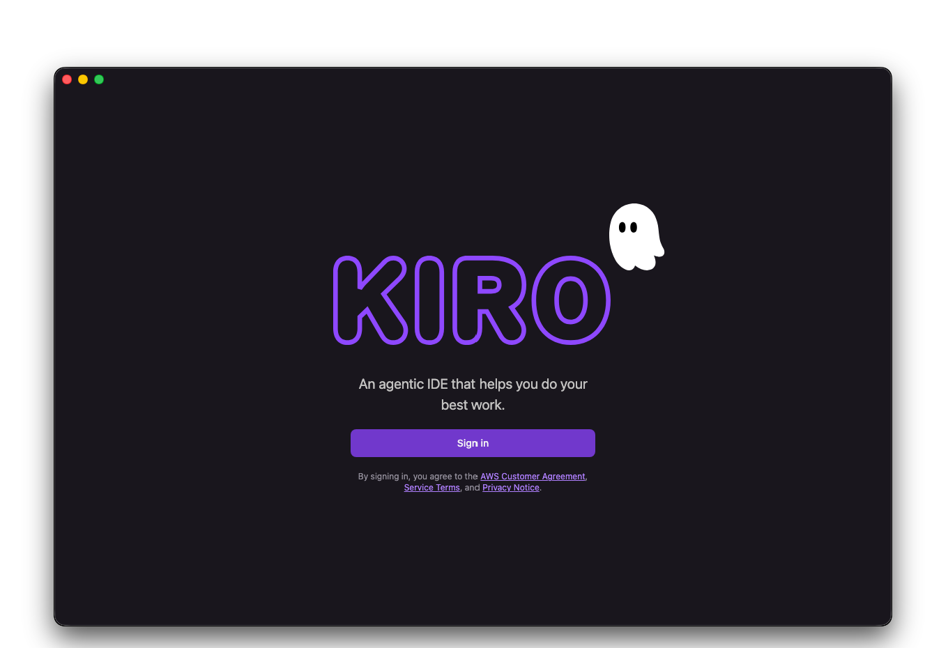 Kiro desktop app open on its sign-in screen on macOS